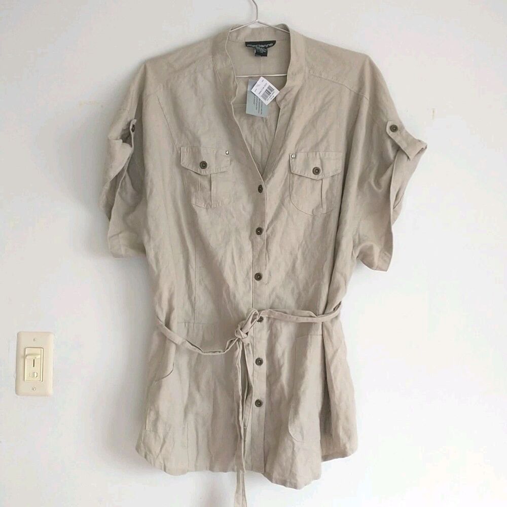 Marianne Top Tunic Womens 3X Tan 100%Linen Front Button Pocket Belted Boho New